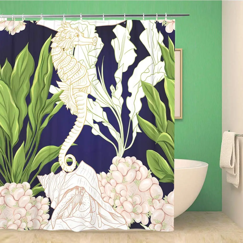 Занавеска для душа в ванную комнату морской мир морские рыбки и ракушки темно