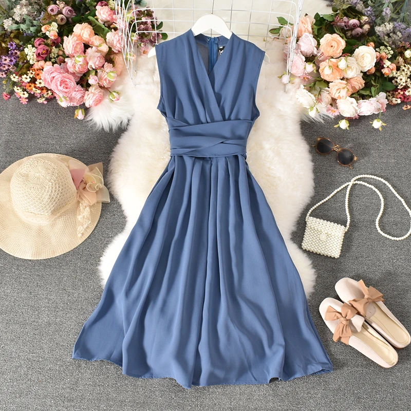 

Women's Clothing Dresses 2021 Summer Dress New Sexy V-neck Sleeveless Cross Straps Waist Slimming Elegant Dress Vestidos Women
