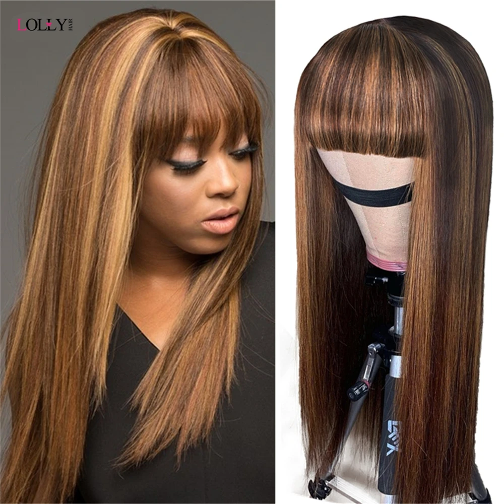 Имбирный оранжевый прямой парик с челкой малайзийские человеческие волосы