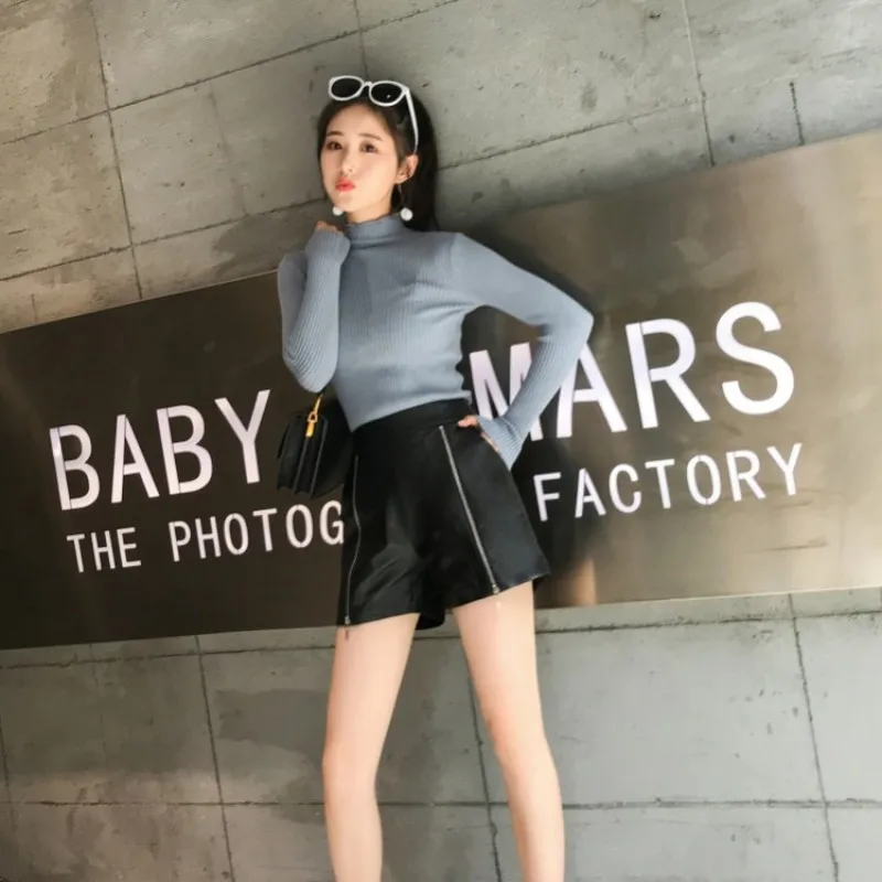2021 Autumn Winter New Straight Genuine Leather Shorts Women Casual All Match Slim Fit Wide Leg High Waist Sheepskin Mini Shorts
