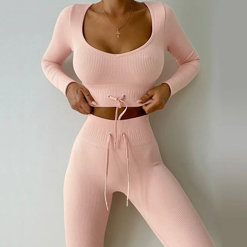 

Goods In Stock! New Four Seasons Seamless Knitted Long Sleeve Sports Fitness Suit Outdoor Waist Strap Yoga Suit Women Suit