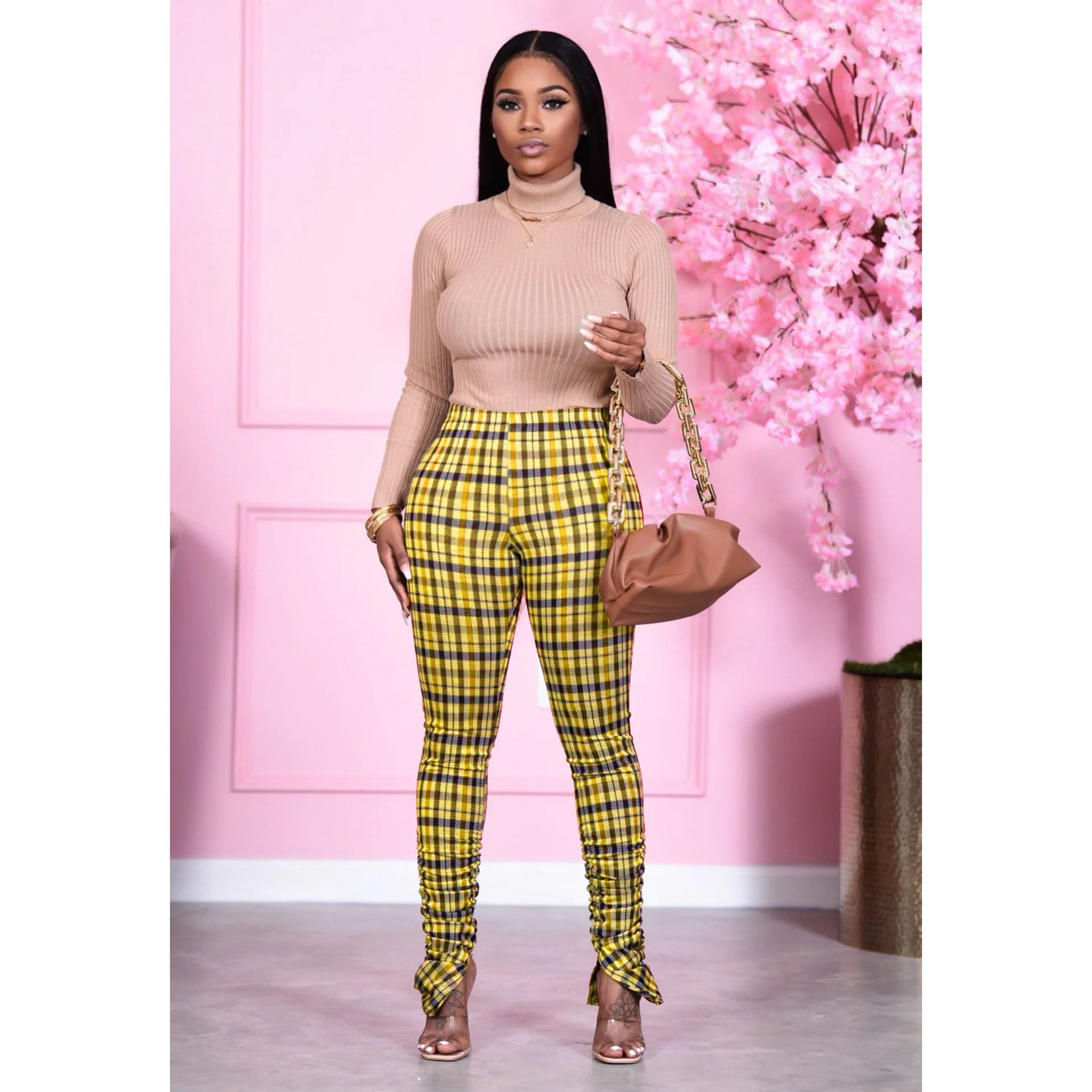 

High Waist Split Hem Ruched Stacked Leggings Elegant Sexy Trousers Fashion Street Wear Fashion Plaid Print Pants for Women