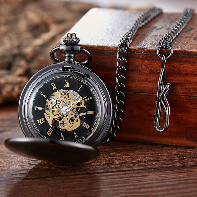 Roman Numeral Number Mechanical Pocket Watch Skeleton Smooth Black Dual Case Dial Male Fob Chain Clock for Men Women Collection