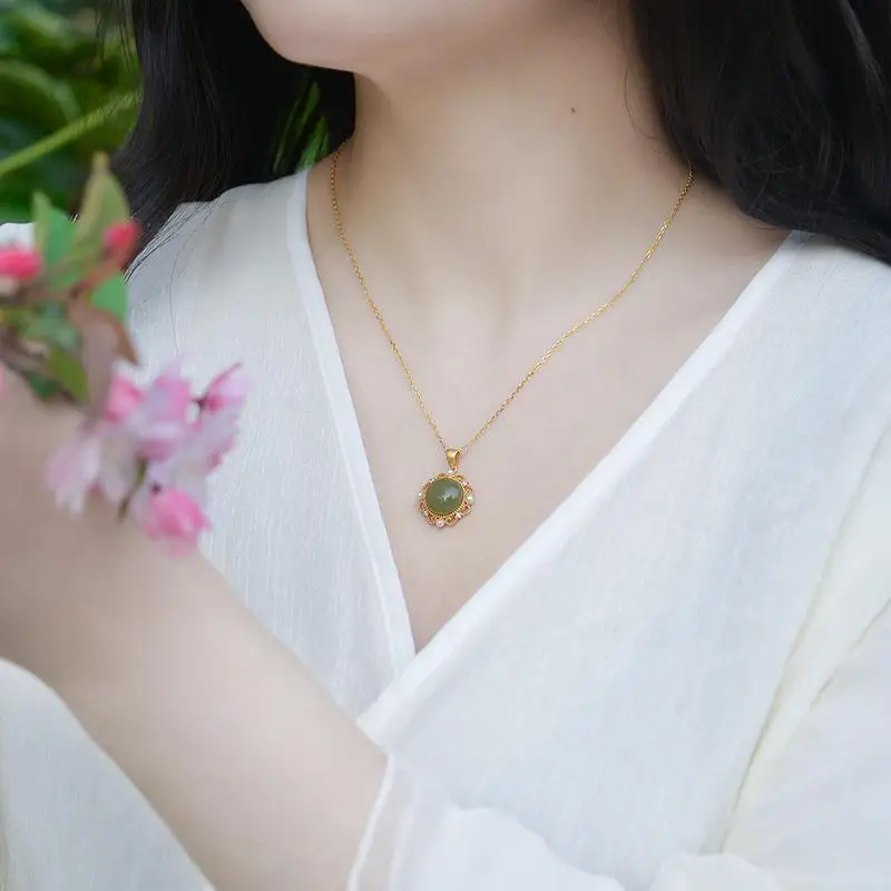 S серебристый (Hetian) нефрита Jade Jasper кулон ожерелье круглые винтажные туфли в