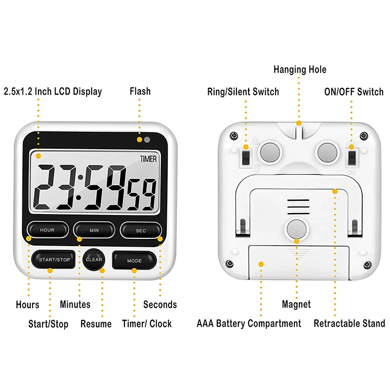 Digital Kitchen Timer with Mute/Loud Alarm Switch ON/OFF 12 Hour Clock &amp Memory Function Count Up Down fo | Дом и сад