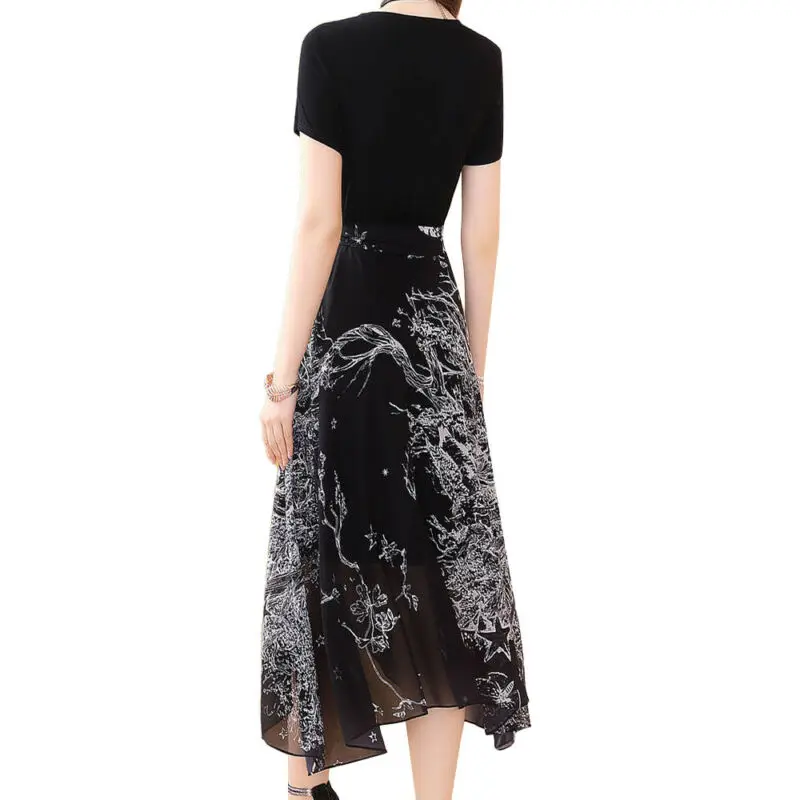 

Womens Line Pirnt Long A-line Dress Ladies Summer Casual Draw Back Thin Dress