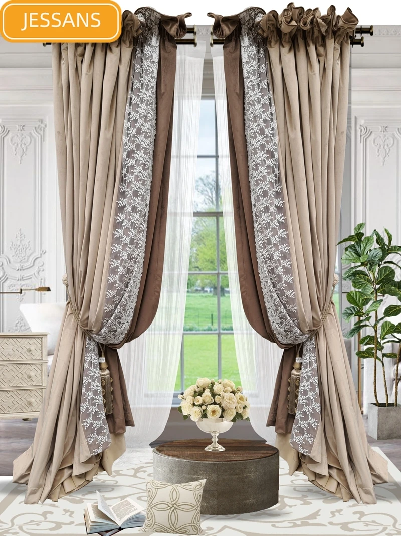 

French High-grade Solid Color Flannel Lace Stitching Blackout Curtains for Living Room and Bedroom Customized Products