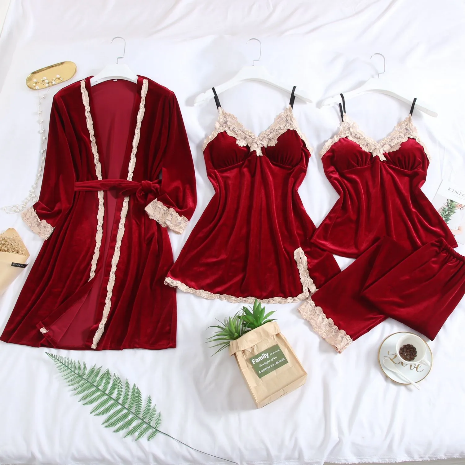 

Sexy Nightwear Velour 4PCS Robe Set Intimate Lingerie Women Autumn New Pajamas Suit Casual Home Clothing Velvet Homewear