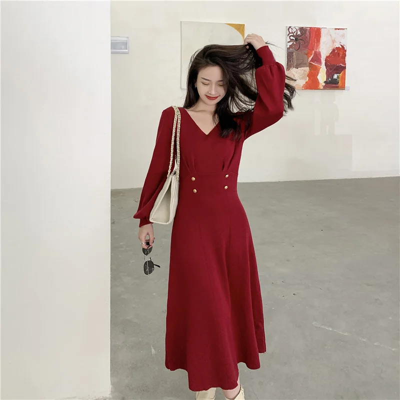 

Красное трикотажное платье для женщин, весна-новый год 2021, одежда в Корейском стиле на талии, Осень-зима, ТРАПЕЦИЕВИДНОЕ ПЛАТЬЕ, fafa _ ootd