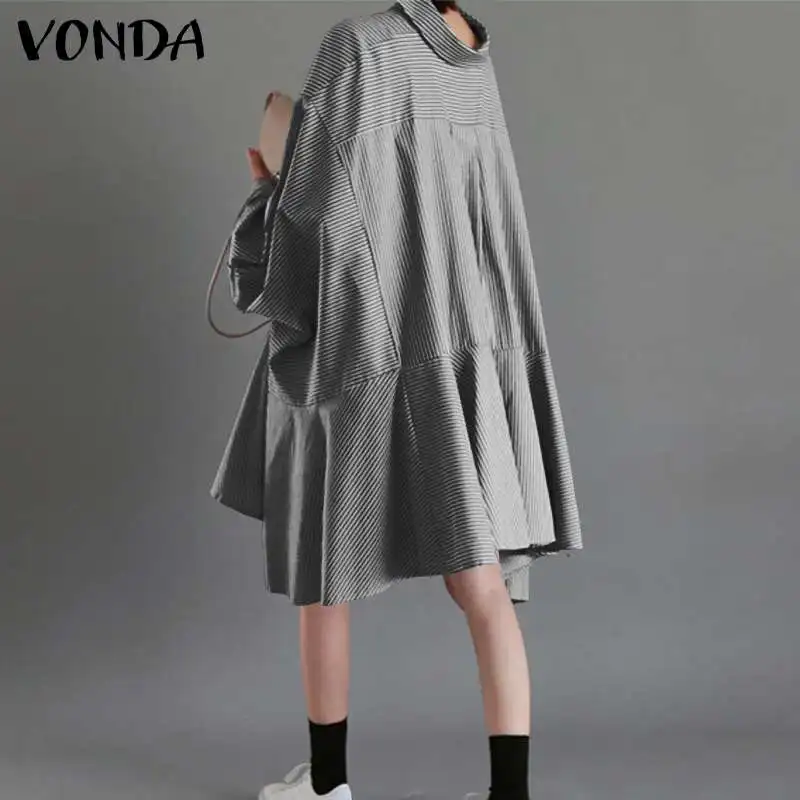 

Casual Baggy Blouse Women Pleated Long Tops VONDA 2021 Casual Long Sleeve Lapel Button Striped Shirts Blusas Femininas