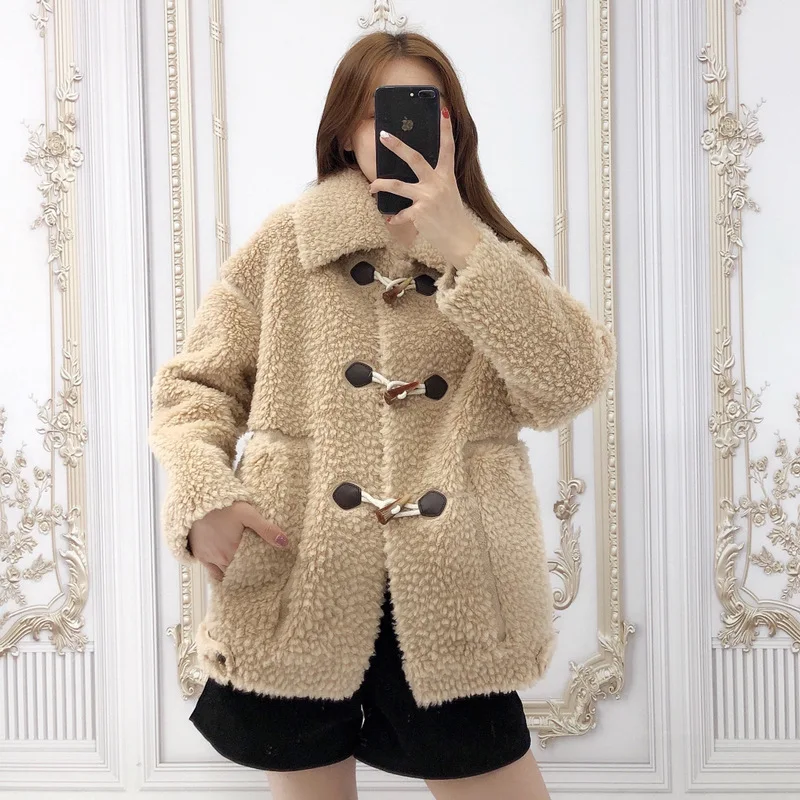 

YYCZF 2021 Women's Genuine Shearing Coat Autumn And Famme Fashion Mid Long Style Female Lamb Wool Composite Fur Outerwear Warm