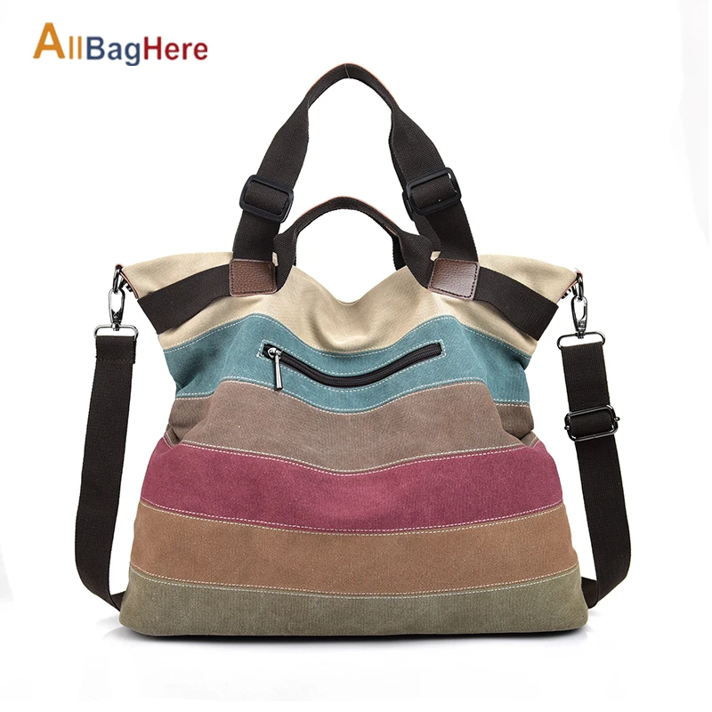 Цветная полосатая Женская Холщовая Сумка на плечо большая вместительность