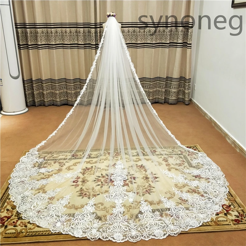 

new Hot White/Ivory Beautiful Cathedral Length Lace Edge Wedding Veil With Comb Long Bridal Veil Mariage plus size