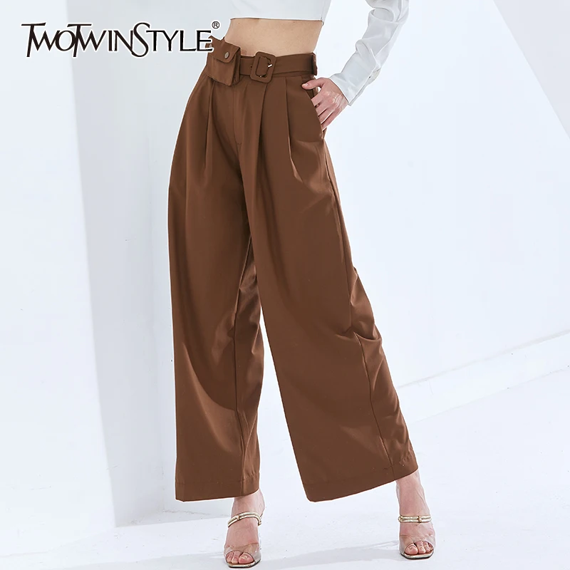 

TWOTWINSTYLE Casual Straight Wide Leg Pants For Women High Waist Sashes Bag Loose Trousers Female Fashion Clothing 2020 Fall