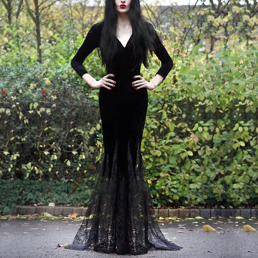 Вечернее платье готическое макси сексуальное черное с глубоким v-образным