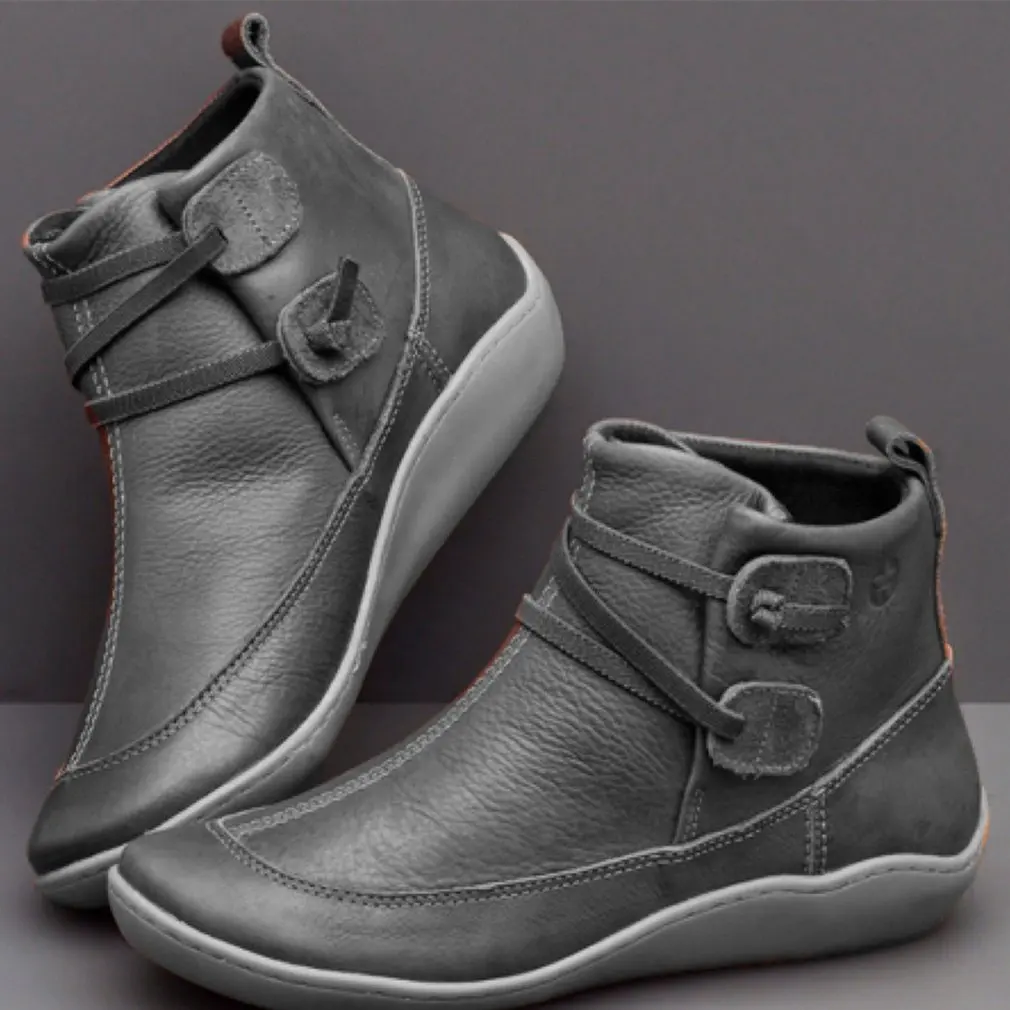 

Retro Solid Color Female Pointed Toe Low-top Leather Boots Long Shoelace Boots Shock Absorption Low-heeled Women's Shoes