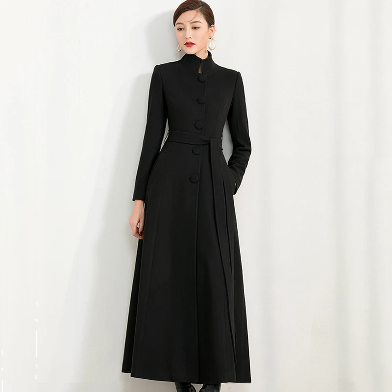 

New Women Long Woolen Coat Autumn Winter Fashion Elegant Thicken Black Outerwear Lengthened Slim Wool Blends Overcoat Female