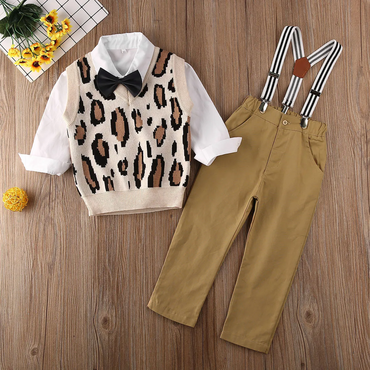 2019 Baby Spring Autumn Clothing Toddler Kid Boy Leopard Vest +Longsleeve Bow Tie Shirts +Overeall Pants Gentlemen Set 2-5T | Детская