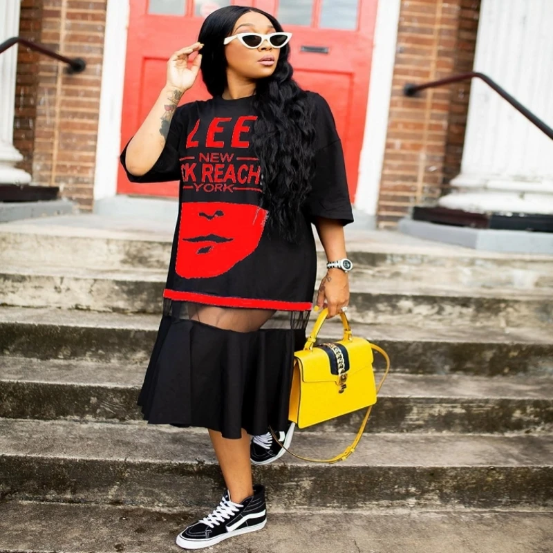 Платье футболка женское в стиле хип хоп длинная свободная рубашка Харадзюку с 3D