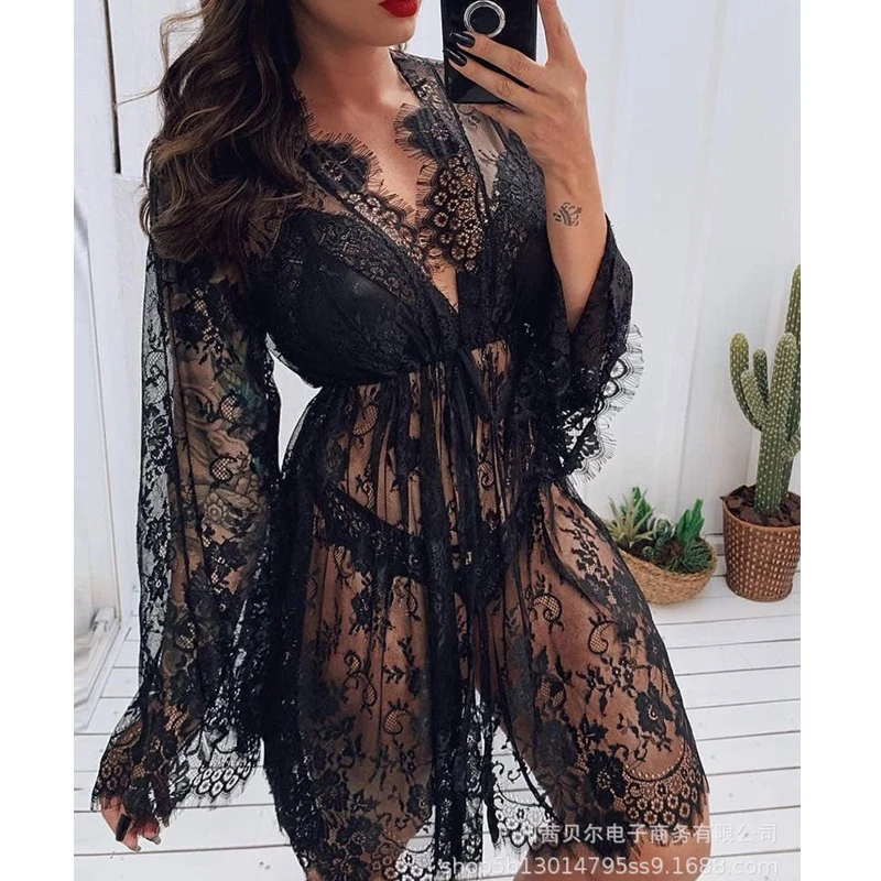 

WEPBEL Fashion Long Sleeve V-neck Dress + Spaghetti Strap Bra Panties Three-Piece Set Women's Sexy Black Lace Sleepwear Suit