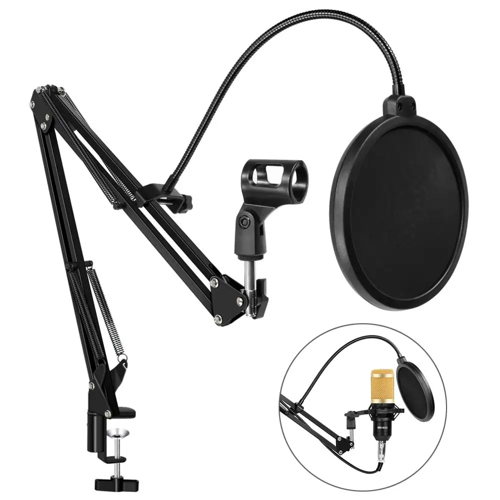 bm 800 Microphone Adjustable Suspension Arm Stand Clip Holder and Table Mounting Clamp With Pop Filter for bm800 Microphone