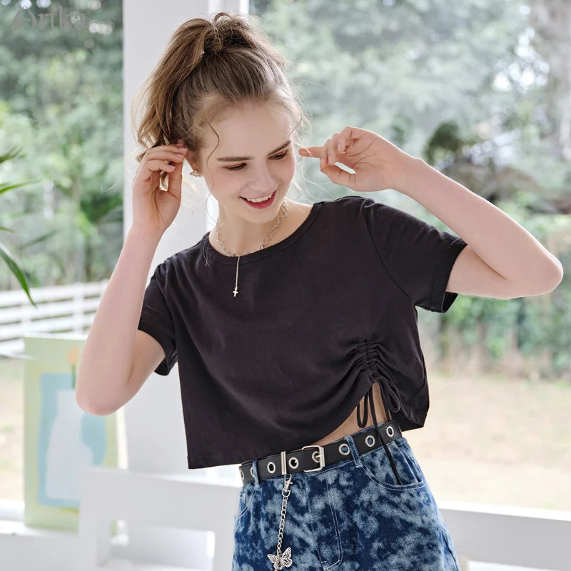

ARTKA 2021 Summer New Women T-shirt 100% Cotton Fashion Casual O-Neck T-shirts Short Sleeve Shirring Black T-shirt TA22011X