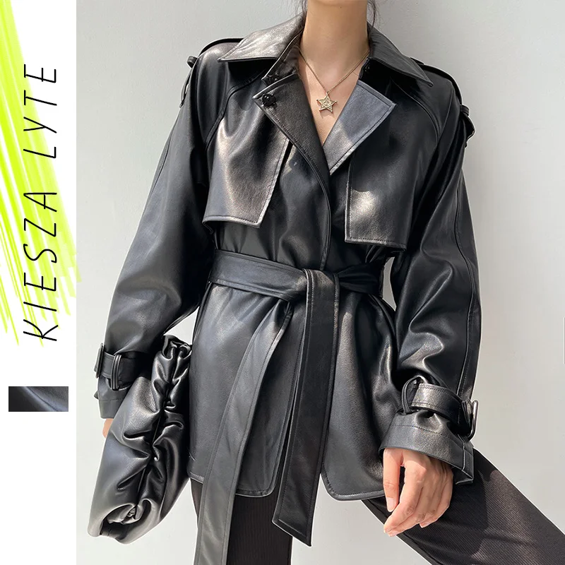 Kiesza Lyte, черная кожаная куртка для женщин, мотоциклетная куртка с длинным рукавом и поясом, куртки с отворотами, модная 2021, роскошная верхняя ...