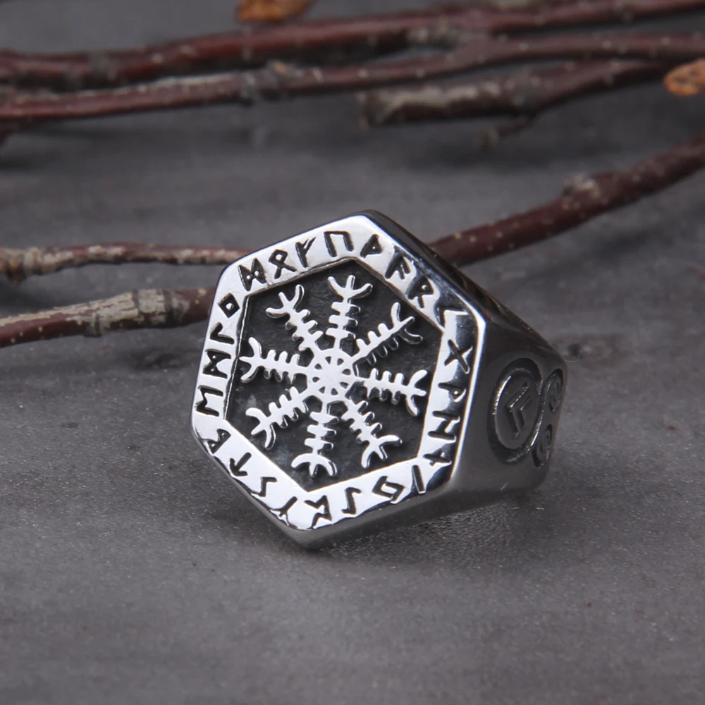 

Viking Compass Vegvisir Aegishjalmur Runic Statement Ring Mens Vintage Nordic Viking Totem Odin Biker Rings Jewelry