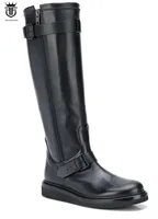FR.LANCELOT 2020 New black leather boot point toe knee high boots square buckle mujer botas party shoes men thick heel