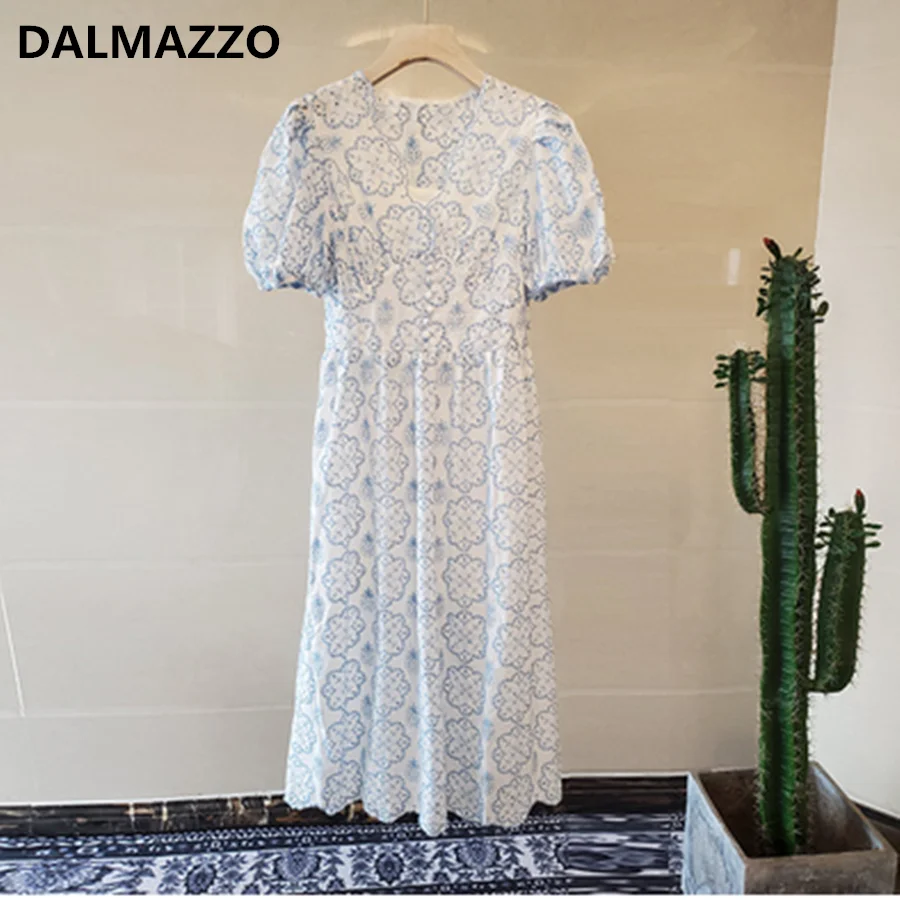 High Quality Lace Hollow Embroidery Women V Neck Puff Sleeve Holiday Long Dress 2020 Newest Summer Womans Runway Dresses Female | Женская