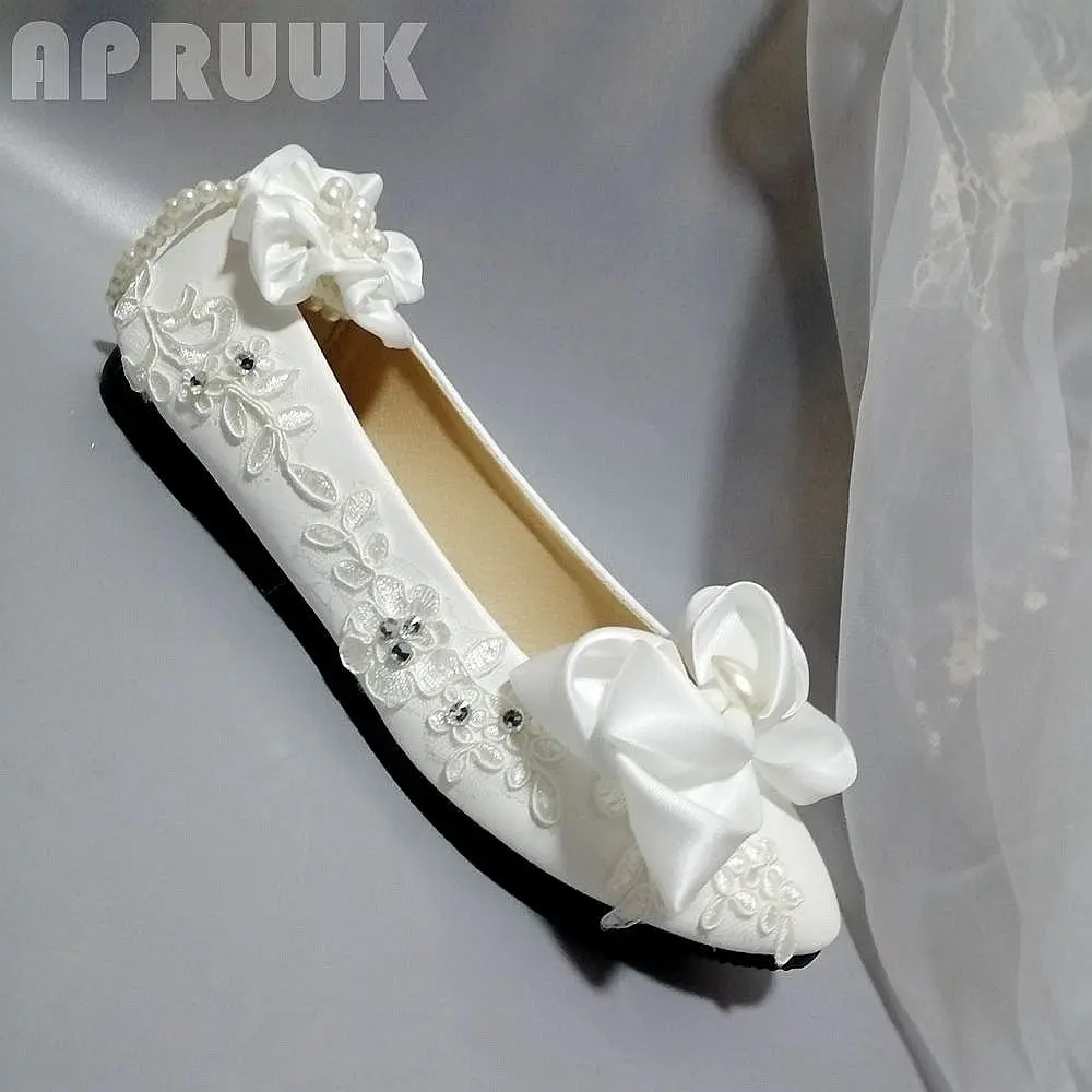 

Bridal wedding flats shoes 2020 new coming lace with satin bowknot ankle beading flower anklet sweet fairy brial flats shoe