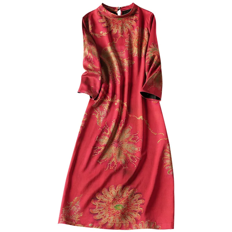 

2020 autumn new women's elegant temperament printed silk dress with stand collar and muslin medium length skirt