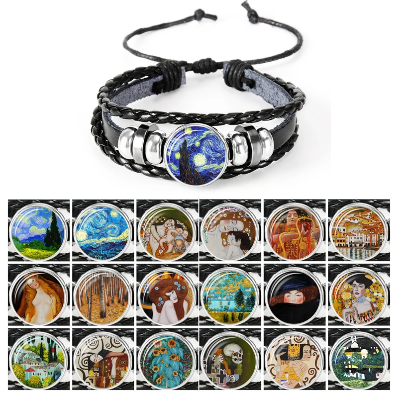 Мода Искусство Ван Гог бижутерия со стеклянными кабошонами черный кожаный