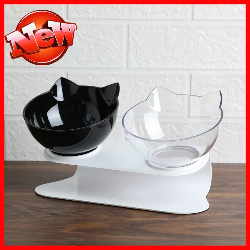 

Hot sale Double Bowl Cat Bowl Dog Bowl Transparent AS Material Non-slip Food Bowl With Protection Cervical Transparent Cat