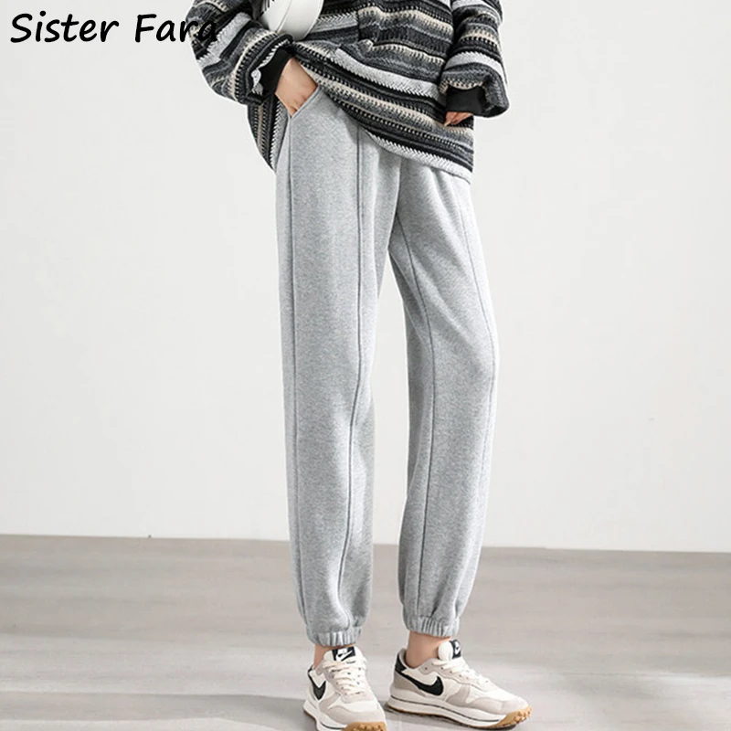 

Sister Fara Autumn Winter Casual Jogging Pants Women's Elastic Waist Lace Up Sport Trousers Female Thick Tie Feet Harem Pants