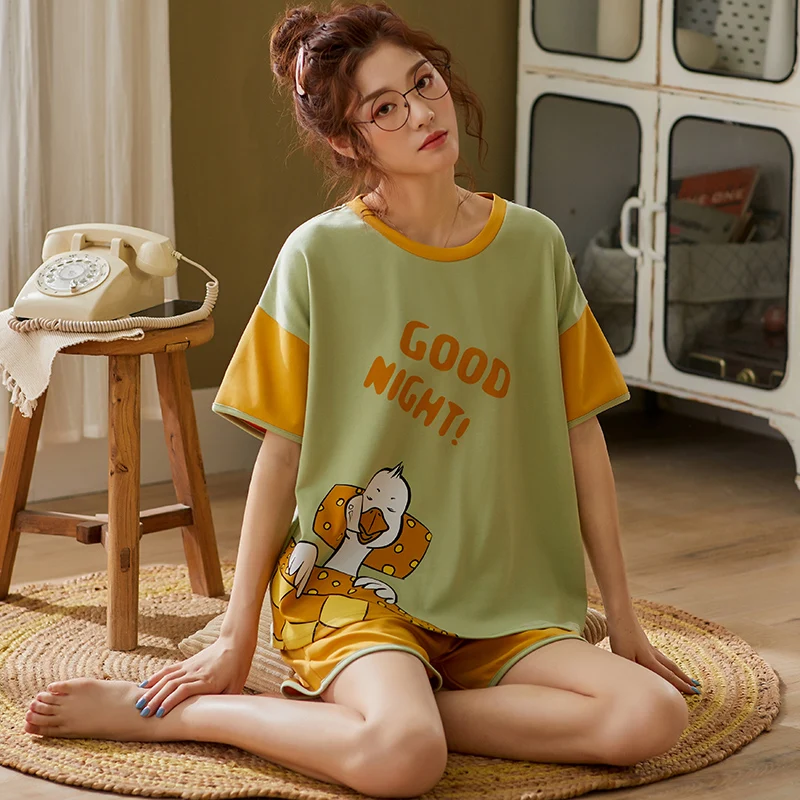 Пижама женская хлопковая с коротким рукавом и мультяшным принтом | Пижамные