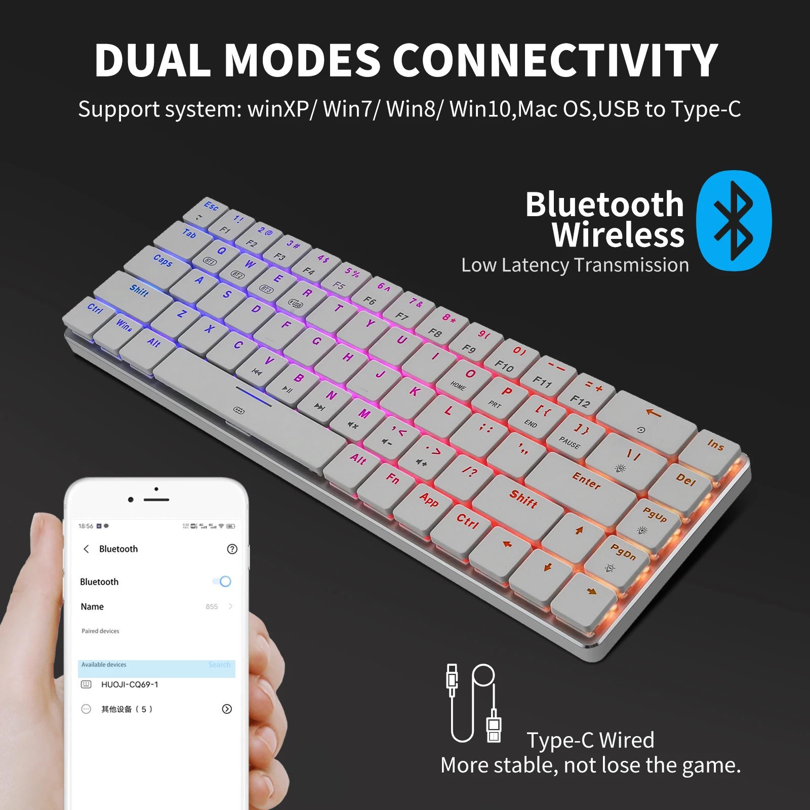 huo ji cq009 69 key mechanical keyboard bluetooth 5 0 usb wired dual modes low profile rgb backlight for pc laptop cell phone free global shipping