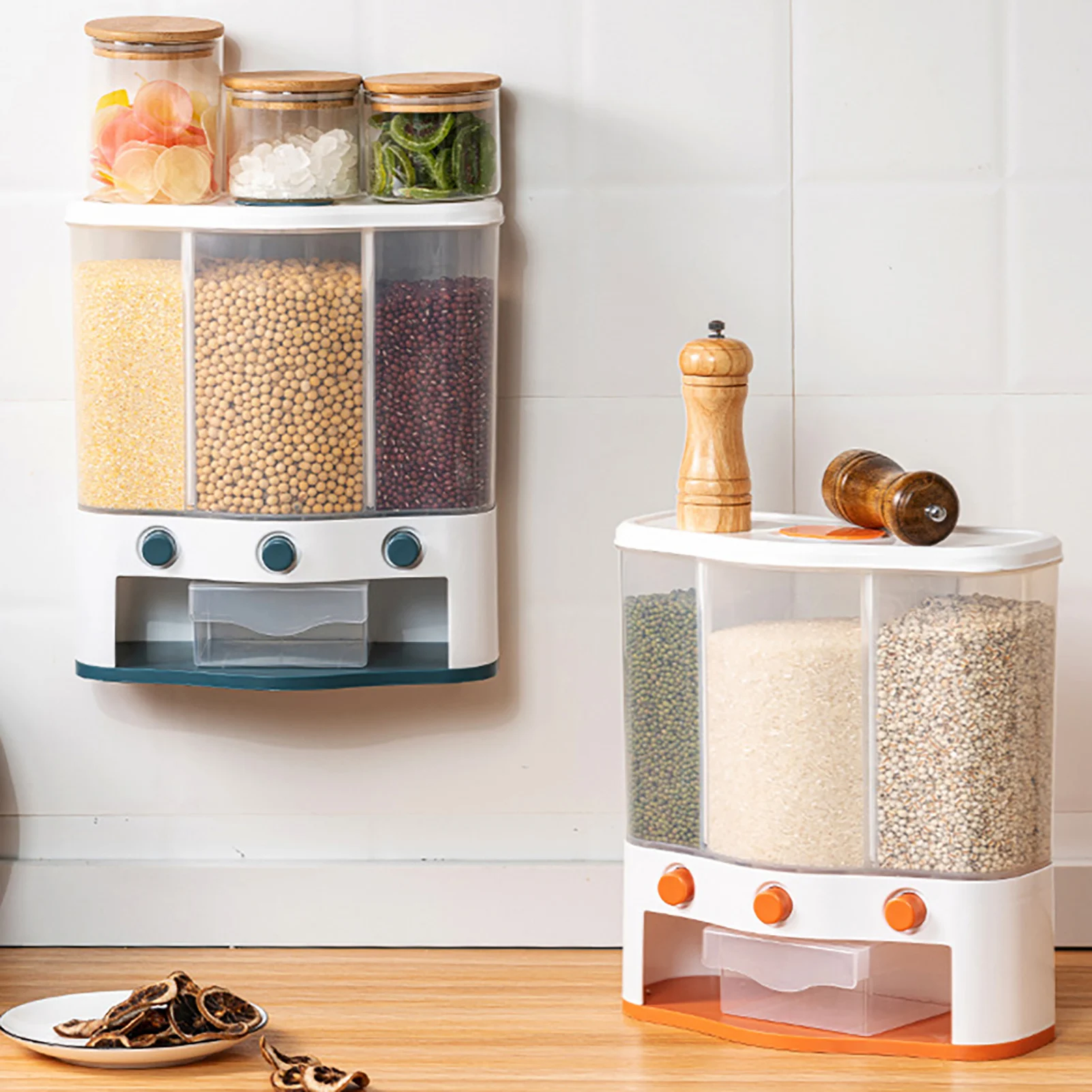 

Wall Mounted Separate Rice Bucket Cereal Dispenser Moisture Proof Plastic Automatic Racks Sealed Metering Food Storage Box