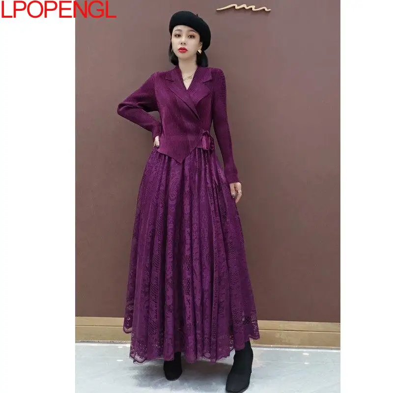 

New Purple Velvet Long Dress New Light Luxury Design Suit Collar Pleated Office Lady Long Sleeve Chic Fake Two Piece Lace Dress