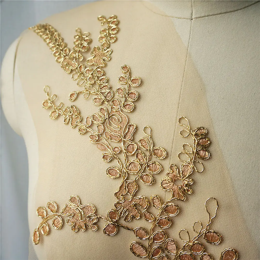 Золотая вышитая Цветочная аппликация кружевная ткань отделка воротника