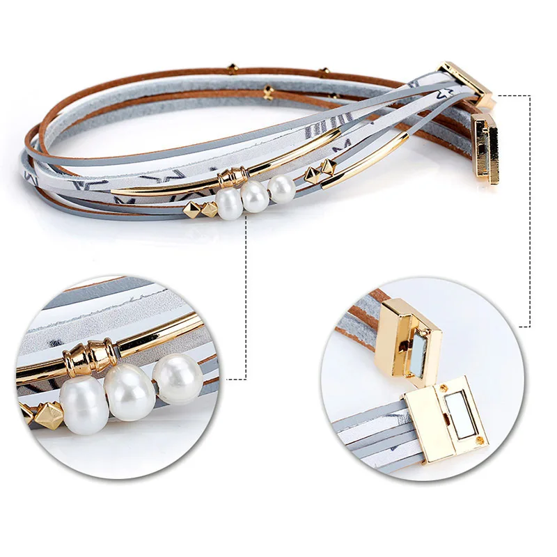 2020 Braid Leather Bracelet For Women Fashion Alloy Magnetic Buckle Multilayer Wrap Female Pearl Bangle Jewelry Gift | Украшения и
