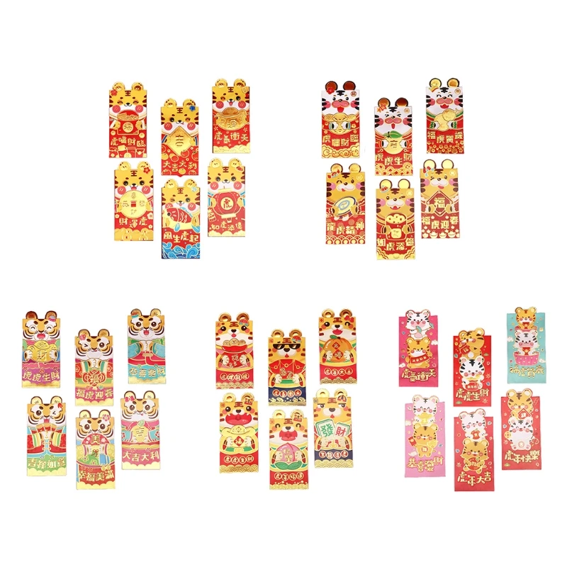 

M17D 6 шт. 2022 китайские красные конверты HongBao Подарочная сумка со знаком зодиака мультфильм тигр счастливые карманы для денег