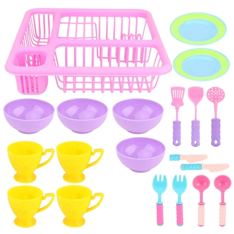 21pcs Drain Basket Cutlery Set Children's Play House Drain Basket Kitchen Toy Accessories Girls Toys