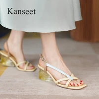 kanseet genuine leather narrow band 2021 summer square toe crystal heels women sandals strange style heels shoes buckle female