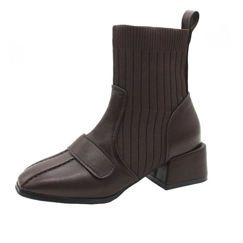 

Women Shoes Leather Ankle Boots Square Toe Slip on Mid Heels Brown Black Stretch Fabric Boots Punk Womens Fashion Boots Femme