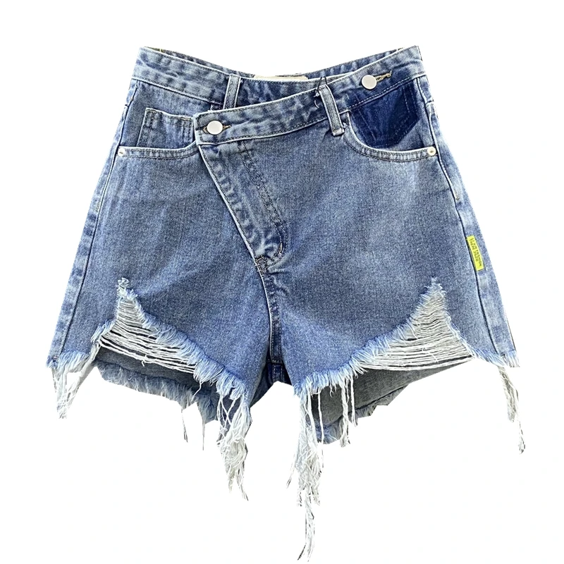 

High Waist Wide Leg Hot Pants Women New Ripped Frayed Hem Denim Shorts 2021 New Summer Wear Blue Jean Short Femme Nancylim