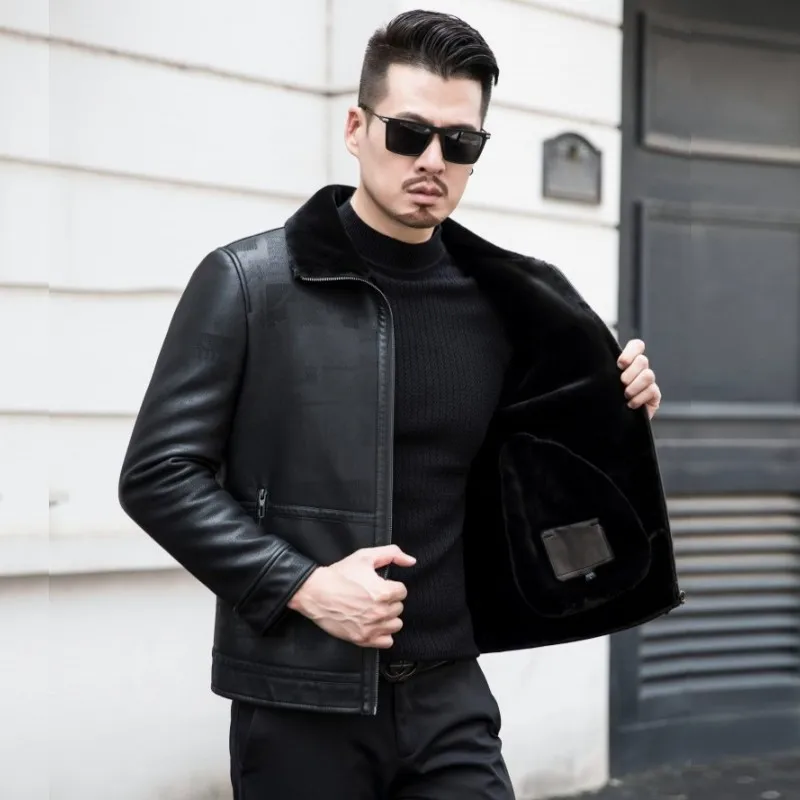

Fur all-in-one leather jacket men leather jacket middle-aged men plus velvet thickening Slim lapel printed winter leather jacket