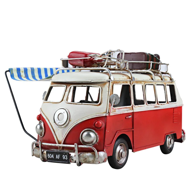 

Nostalgic Vintage Bus Model Metal Car Figurines With Canopy Home Decoration Ornaments Bus Ornaments Desktop Decor Kids Toys
