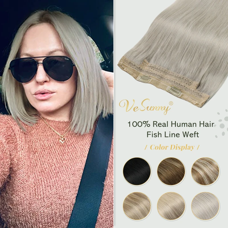 

VeSunny One Piece Invisible Halo Hair Extensions Real Human Hair Wire with 2 Clips on Balayage Ombre Brown to Blonde #8a/60