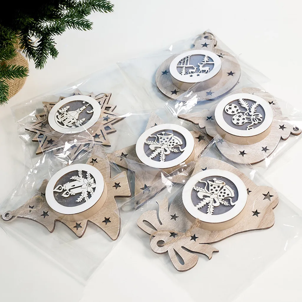 Christmas Decor Wooden Cutout Pentagram Xmas Lights Tree Light Pendant pendant Creative DIY tree tag 64P | Дом и сад